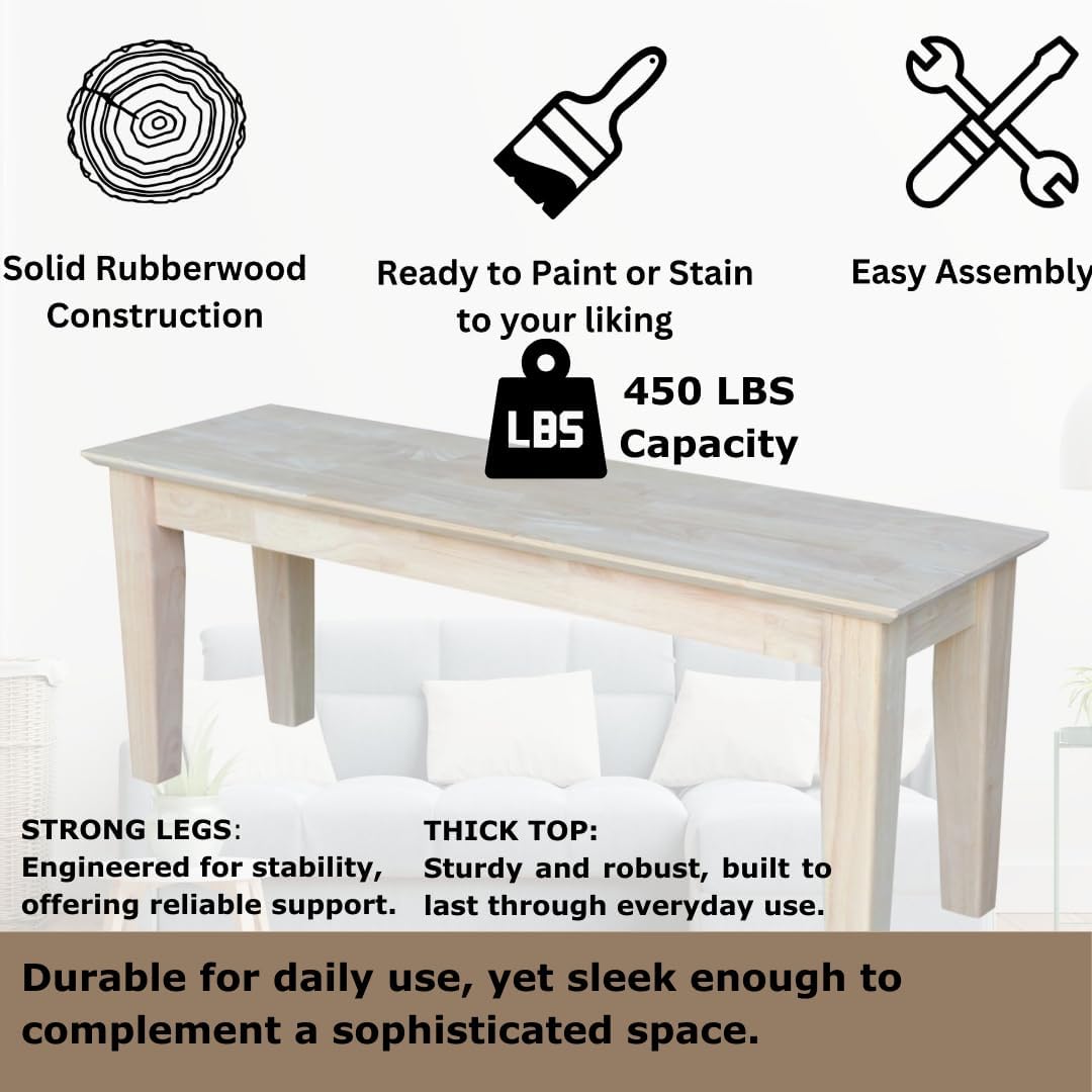 International Concepts Shaker Style Bench, 47-Inch Wide, Solid Parawood, Unfinished