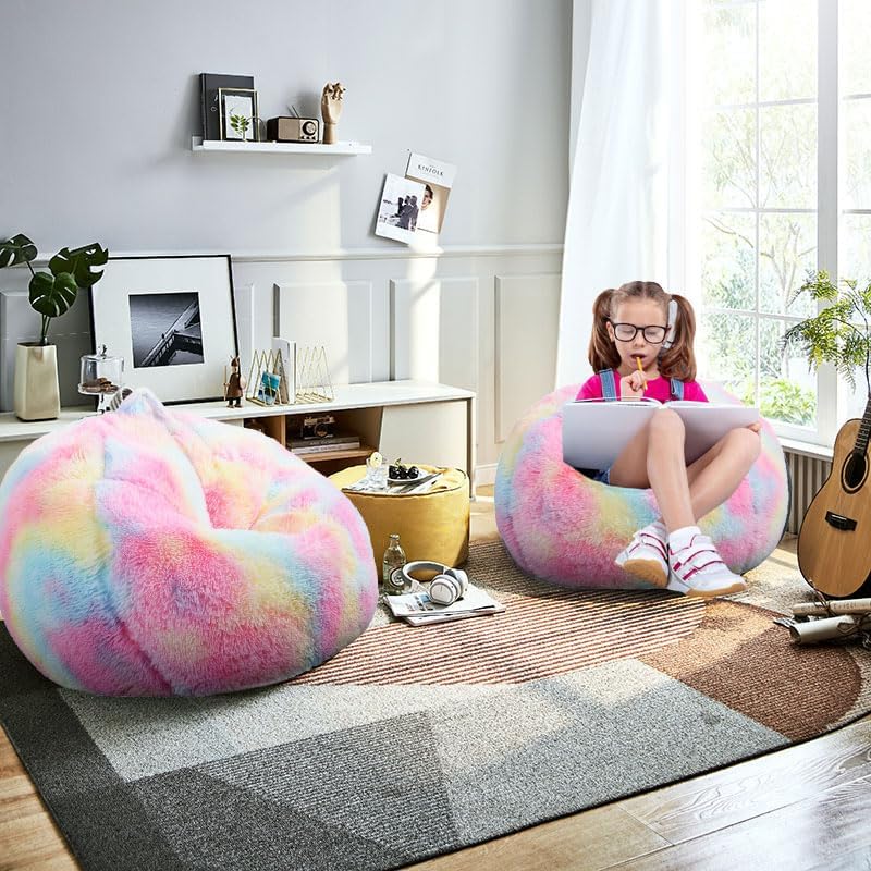 Fluffy Bean Bag Chair for Kids, 2.5FT Round Memory Foam Filled Bean Bag for Teens & Kids, Ultra Soft Faux Fur Fabric Bean Bag Chairs for Playroom, Living Room, Bedroom, Rainbow