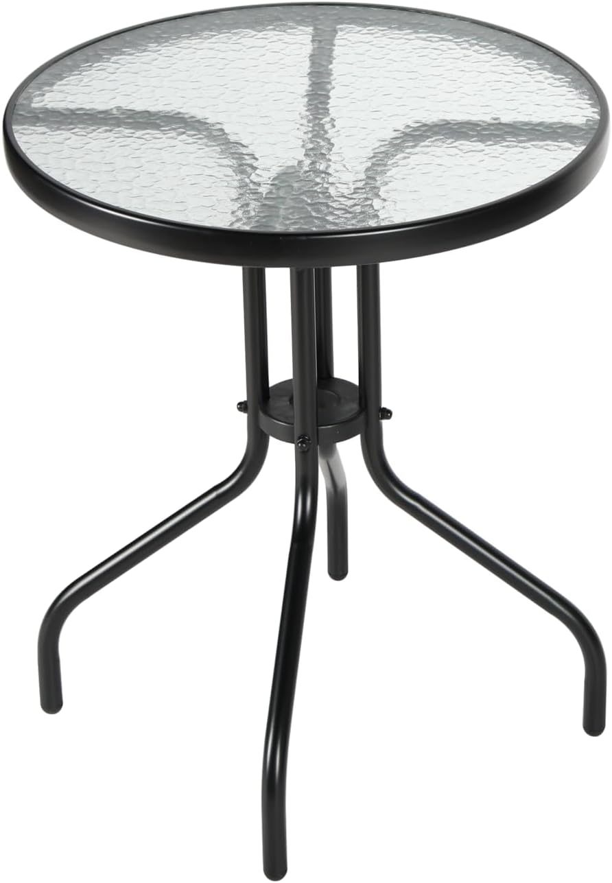 Outdoor Round Glass Small Patio Table, Tempered Glass Top with Rust-Resistant Metal Frame, Small Bistro Coffee Table for Balcony, Garden, Patio