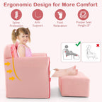 HONEY JOY Pink Toddler Couch, Comfy Chair w/Ottoman, Cute Bow, Lightweight Playroom Furniture w/Velvet Cover & Wooden Frame, Princess Style Loveseat for Bedroom, Kids Sofa for Girls Boys