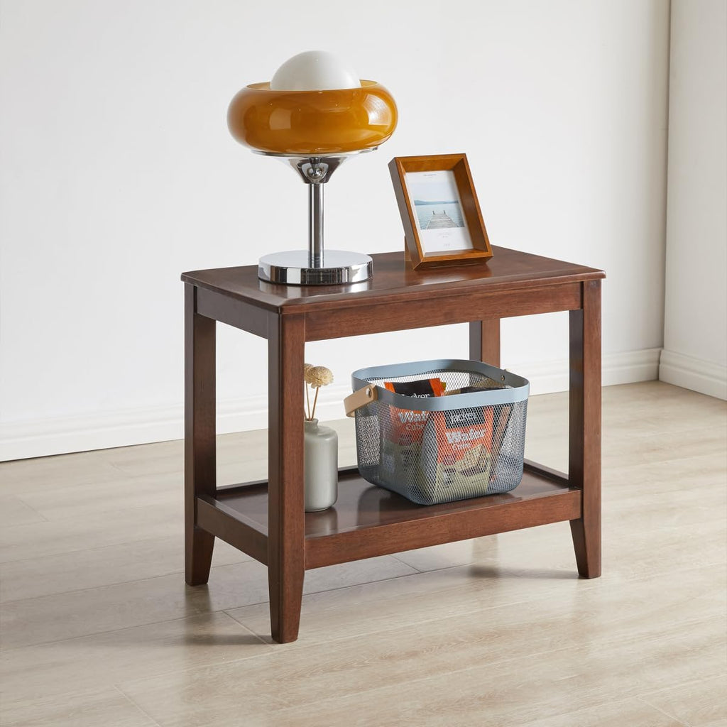 Solid Wood End Table with Storage Shelf, 2-Tier Rustic Side Table for Living Room, Walnut Rubber Wood Sofa Table, Small Space Nightstand or Indoor Plant Stand