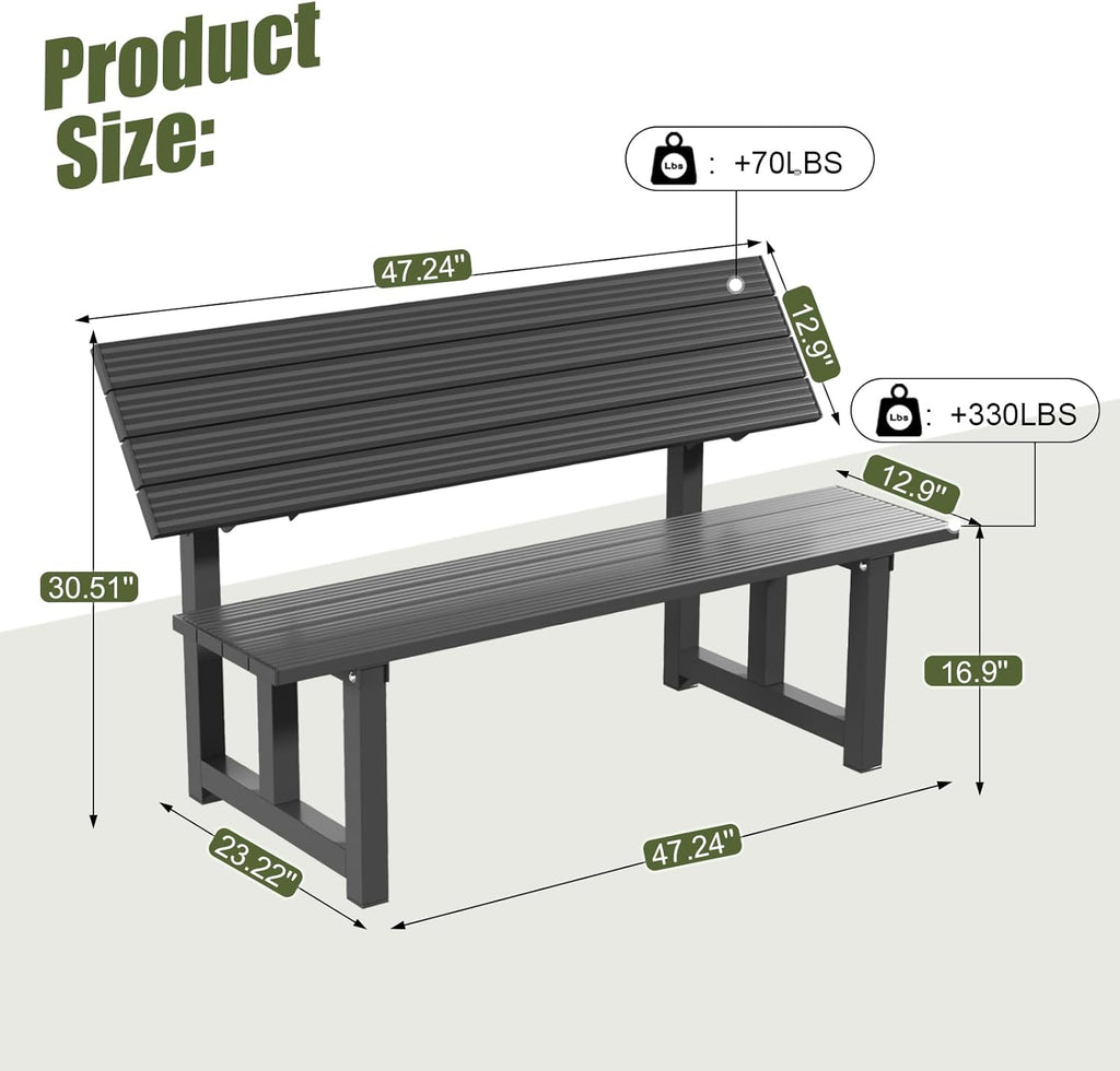 TECSPACE 47 Inches Aluminum Picnic Table Bench Black, Covertible Outdoor Bench with 400 LBS Weight Capacity for Park, Garden and Patio