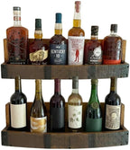 Liquor Bottle Display Shelf – Bar Shelf for Whiskey, Wine & Bourbon – Rustic Wall-Mounted Wooden Shelves, Countertop Rack, Stylish & Space-Saving Small Liquor Cabinet for Enthusiasts (Set of 2)
