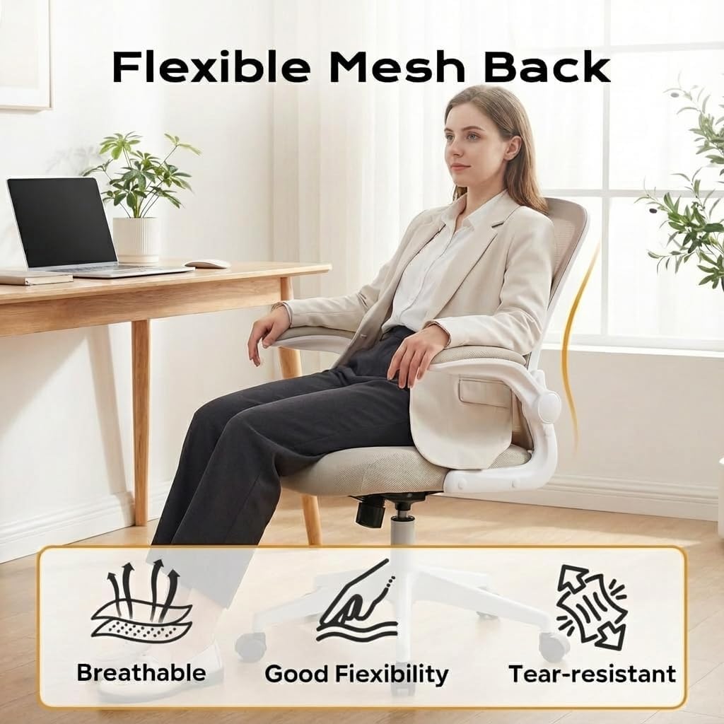 Ergonomic Office Chair for Long Hours & Back Pain Relief, Home Office Desk Chair Comfy with Flip-Up Armrests &Comfortable Lumbar Support Gaming Chairs for Bedroom,Study,Student,Wide Seat.White
