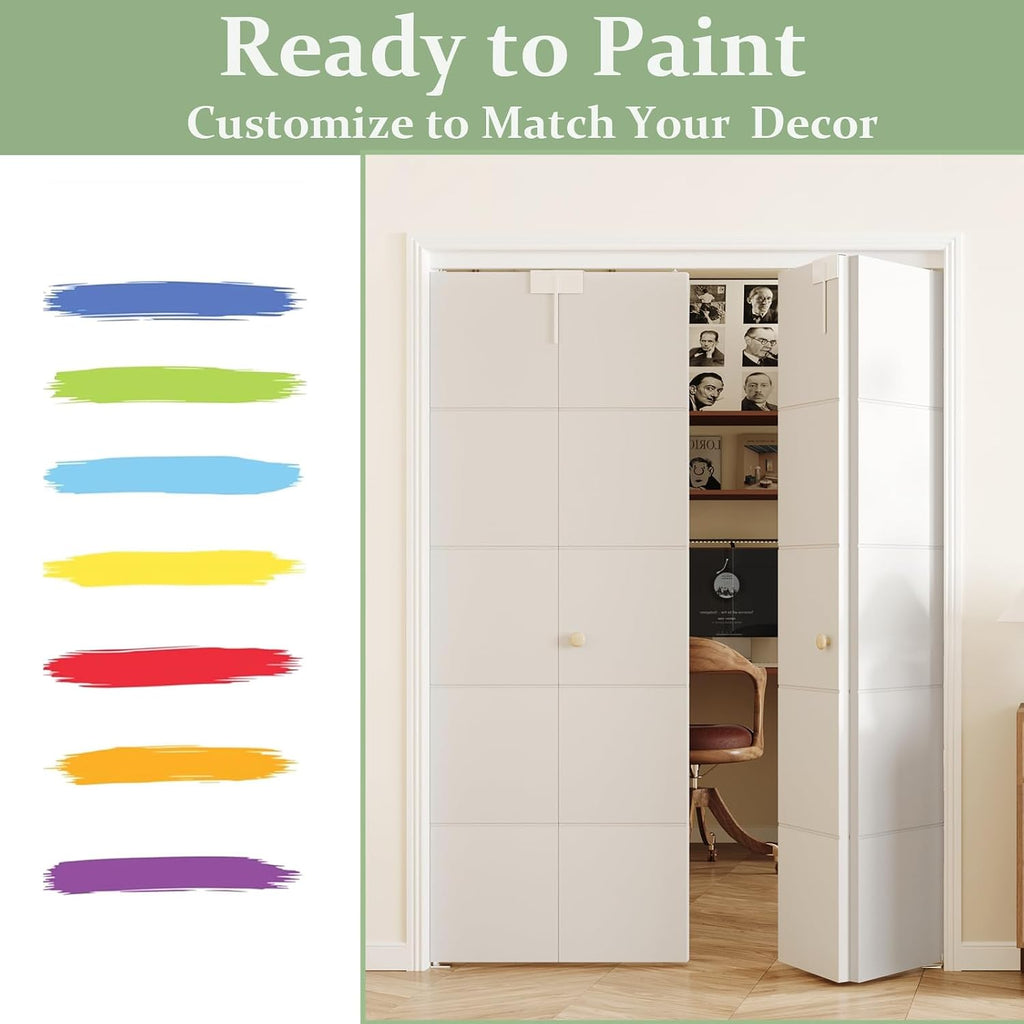 Bifold Doors for 48" x 80" Opening, Preassembled 5 Panel Grooved Hollow Core Folding Door with Hardware Kit & Bifold Door Lock, White Primed Interior Doors for Closet, Pantry & Laundry