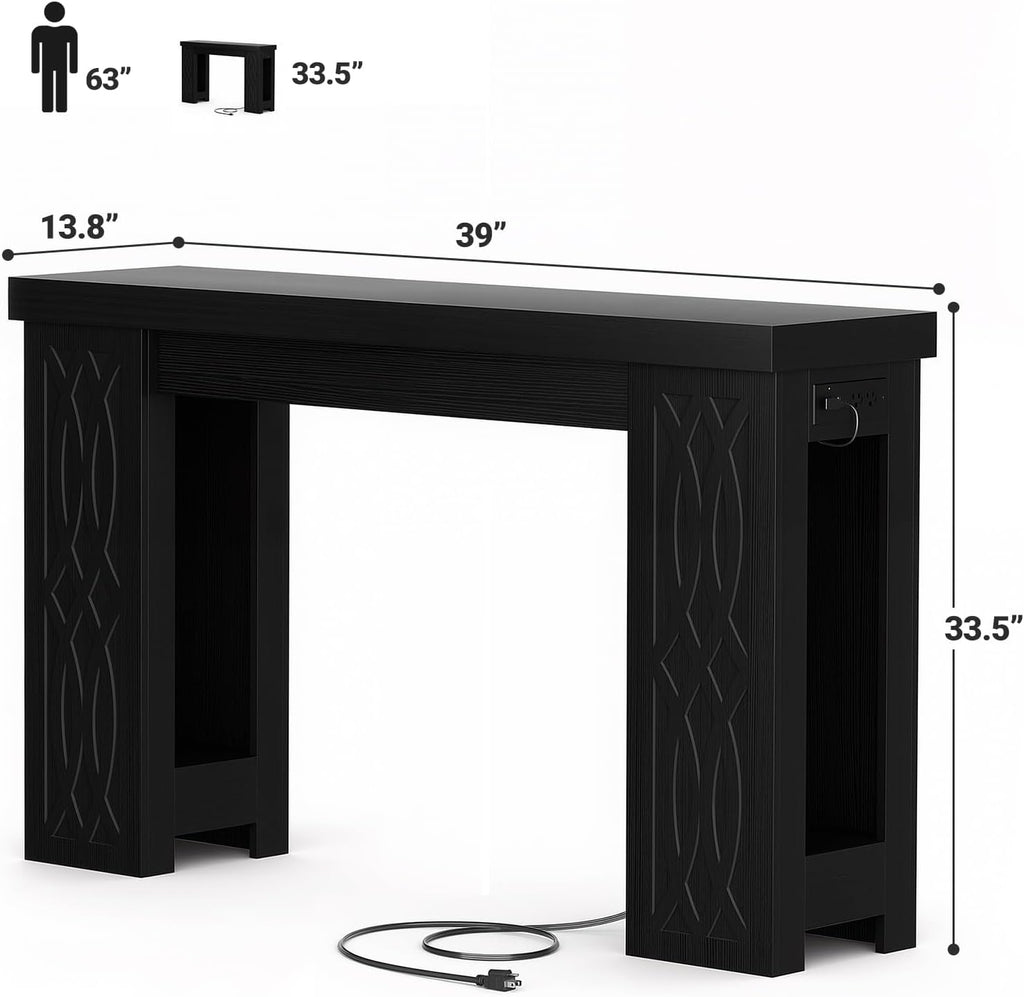 Cyclysio 39" Farmhouse Console Table with Charging Station, Entryway Table with Colorful LED Lights, Wooden Sofa Table with Unique Carved Design, Foyer Accent Table for Entrance, Hallway, Living Room