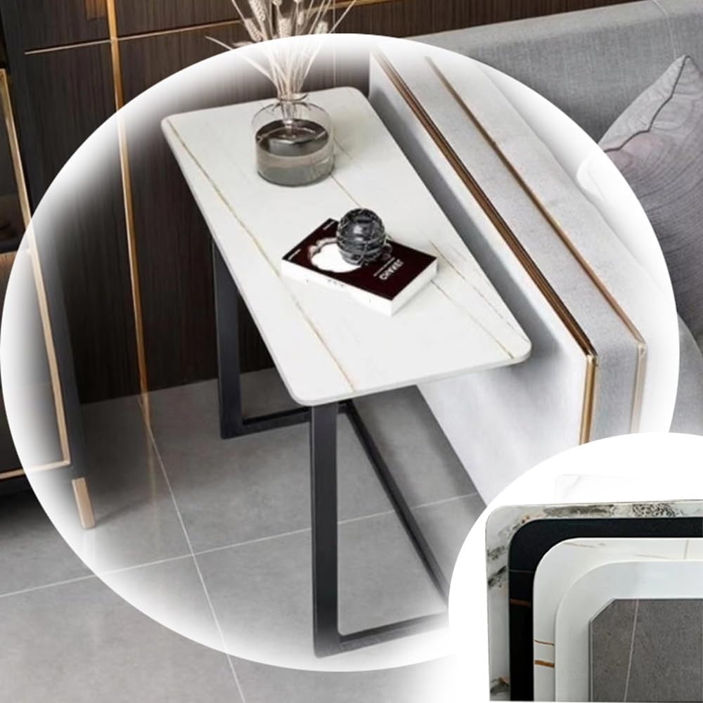 Sintered Stone End Tables C Shaped Couch Table Narrow Snack Table Living Room Small Tables Modern Rectangular Side Table for Couch Sofa Bedside(Platinum+Black)