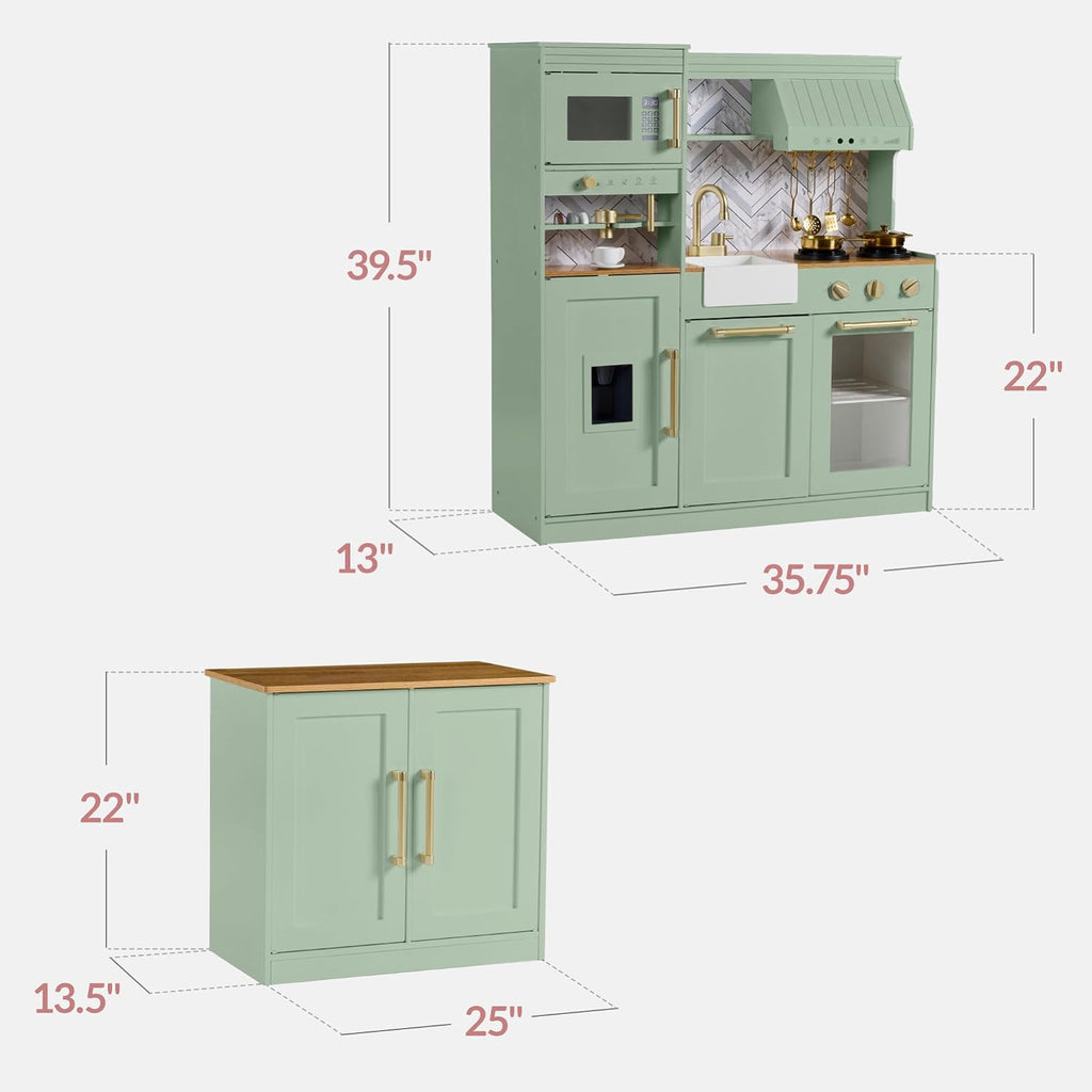 Best Choice Products Pretend Play Kitchen for Kids, Interactive Wooden Toddler Playset with Island, Espresso Machine, 17 Accessories - Sage