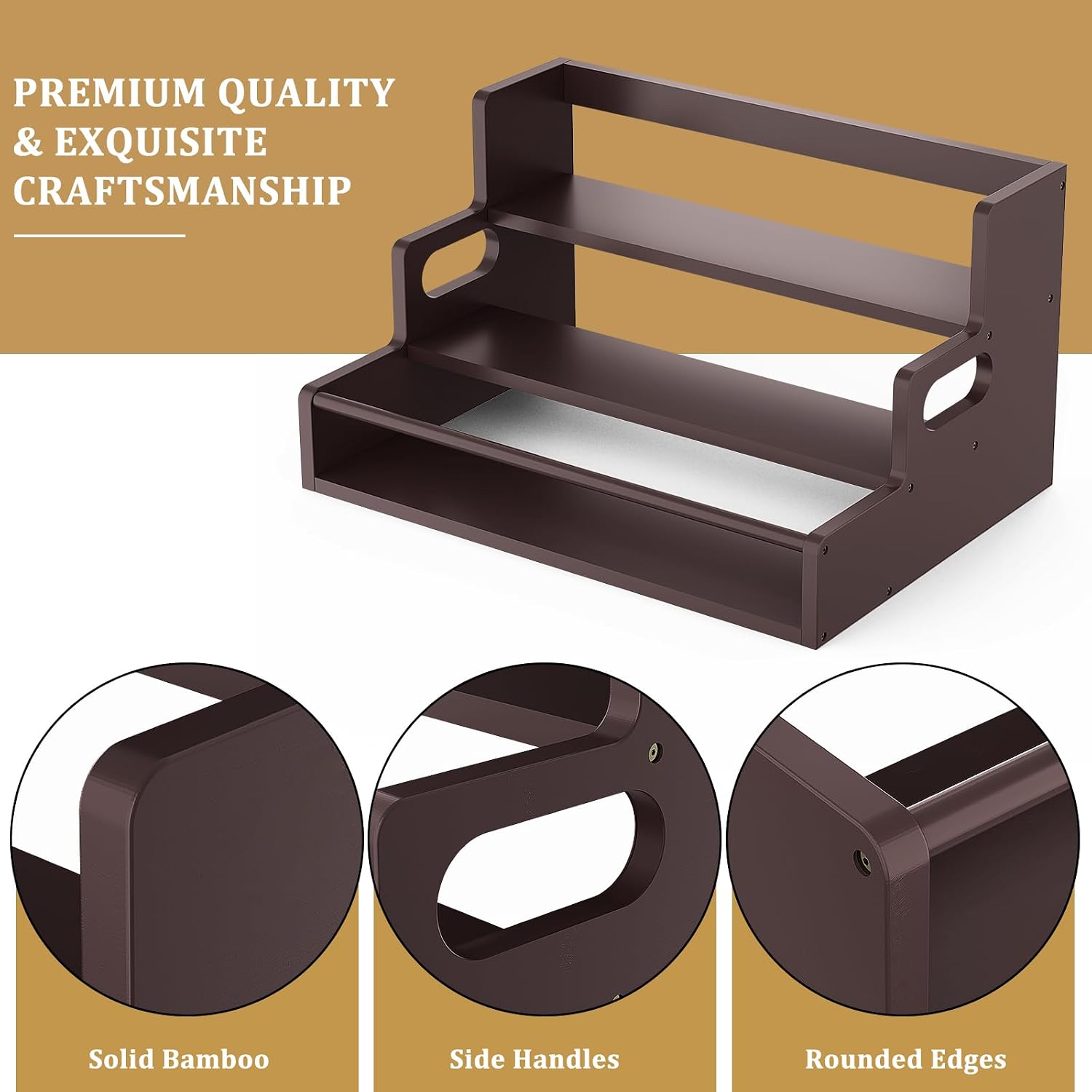 Bamboo Liquor Bottle Display Shelf, 3 Tier Coffee Syrup Rack Organizer, Countertop Liquor Stand for Home Bar, Dark Brown