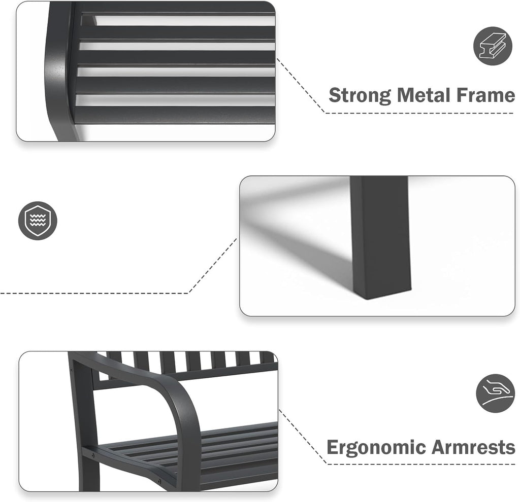 SHGJ&SOFT 50'' Outdoor Bench, Garden Bench, Outdoor Metal Frame Patio Park Bench with Backrest and Armrests,for Porch, Lawn,Garden,Yard (BK-08)