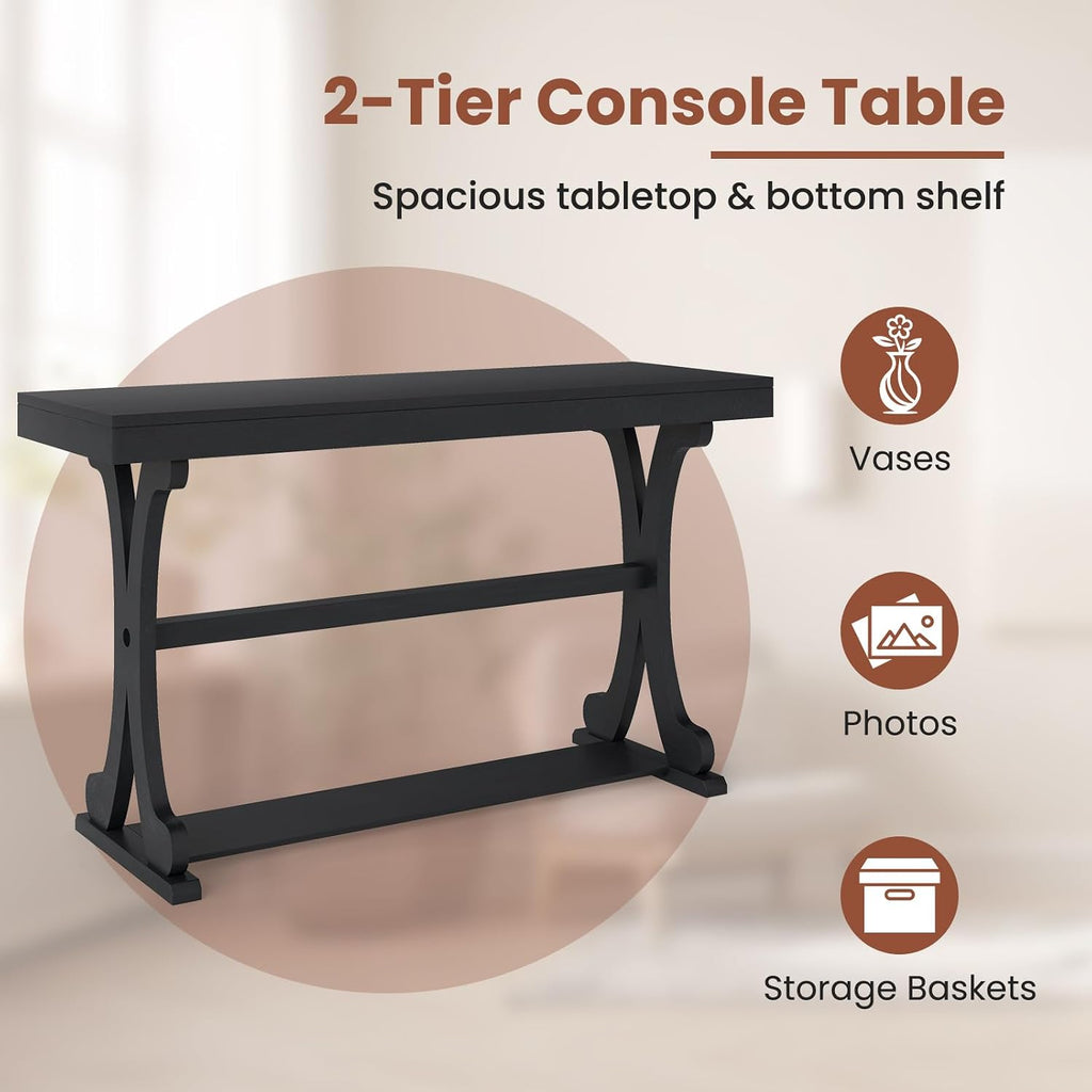 Giantex 52" Narrow Console Table, Vintage Accent Entryway Table with Open Storage Shelf, Long Wooden Behind Couch Sofa Table with Anti-tip Kit for Small Spaces Living Room Hallway (Black)