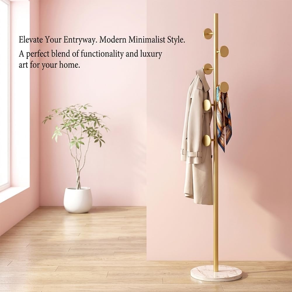 Coat Rack Freestanding Gold Clothes Rack with Marble Base & 7 Staggered Round Hooks, Heavy Duty Stable Coat Hanger Garment Stand for Entryway Bedroom, Hall Tree Racks for Clothing Hats Bags Purses