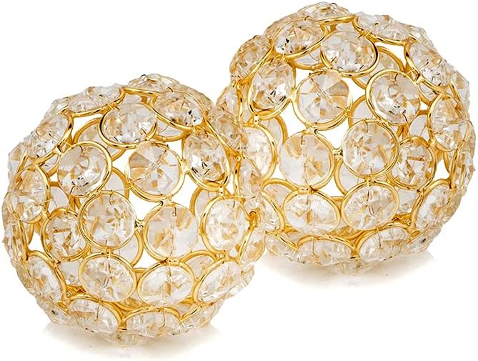 Facetas Decorative Crystal Sphere Fillers – Set of 2 Handcrafted Decorative Orbs, Available in all Crystal Silver & Gold, or in Silver & Gold with added Faux Pearls, 3", 4" or 5" Diameter