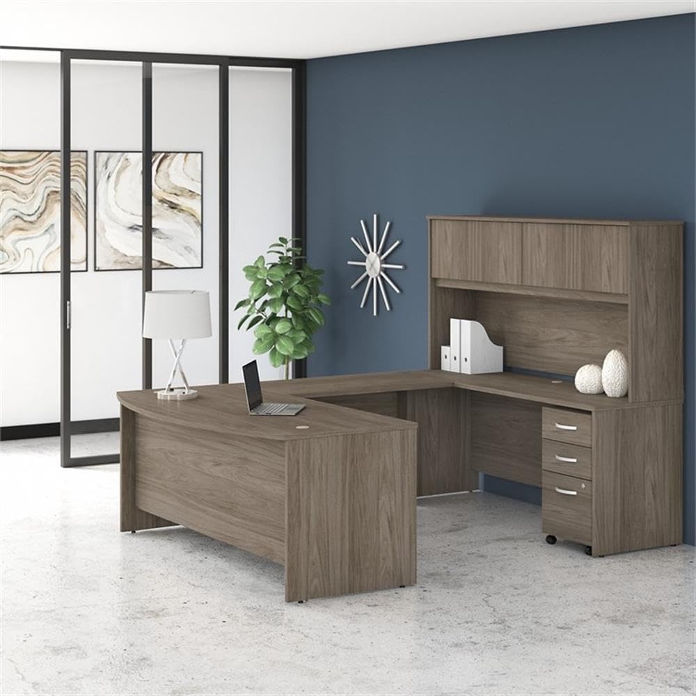 Bush Business Furniture Studio C 72W x 36D U Shaped Desk with Hutch and Mobile File Cabinet in Modern Hickory, U Workstation Set for Home or Professional Office