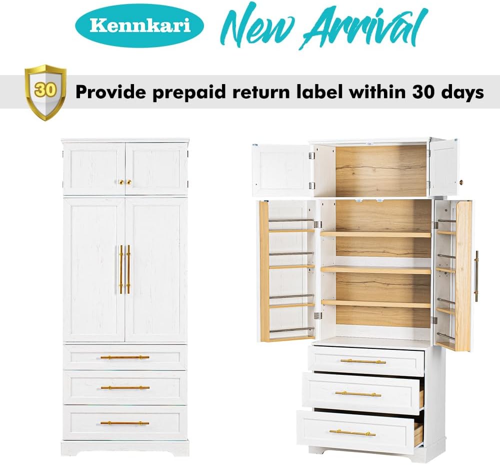 78.2" Tall Kitchen Pantry Cabinet with 8 Door Shelves and 3 Adjustable Shelves for Dining Room, Freestanding Storage Cabinet with 3 Large Drawers, Versatile Cupboard for Bathroom (White)