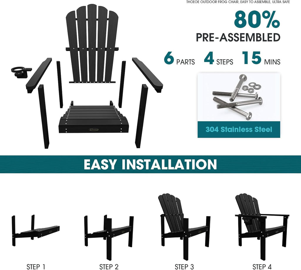 THOEOE Stackable Adirondack Chair Set of 4, HDPE All-Weather Adirondack Chairs - Durable and Space Saving, Plastic Outdoor Fire Pit Chairs with Cup Holder,Black