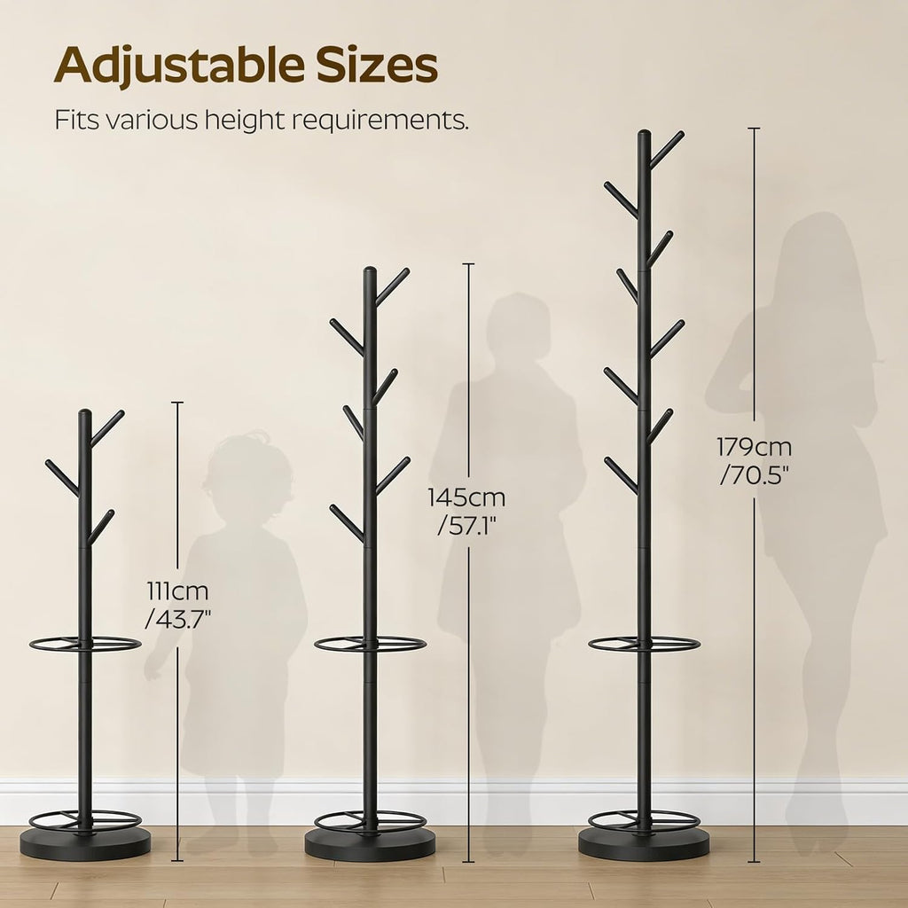 YATINEY Coat Rack Freestanding with Umbrella Holder, Coat Rack Stand with 8 Hooks, Heavy Duty Coat Tree for Entryway, Modern Clothing Rack, Metal Coat Hanger Stand for Bedroom, Office, Black YM03BB