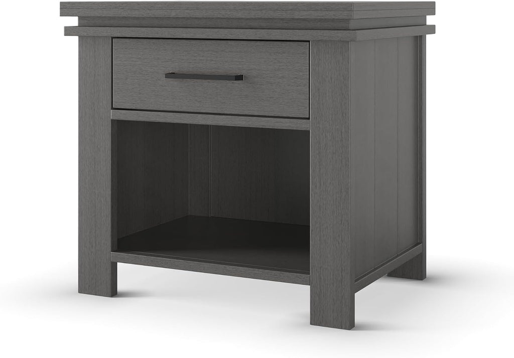 Child Craft Denman Nightstand, 25" W Craftsman Style Nursery Nightstand with Drawer and Open Shelf, Metal Handle, Midnight Gray