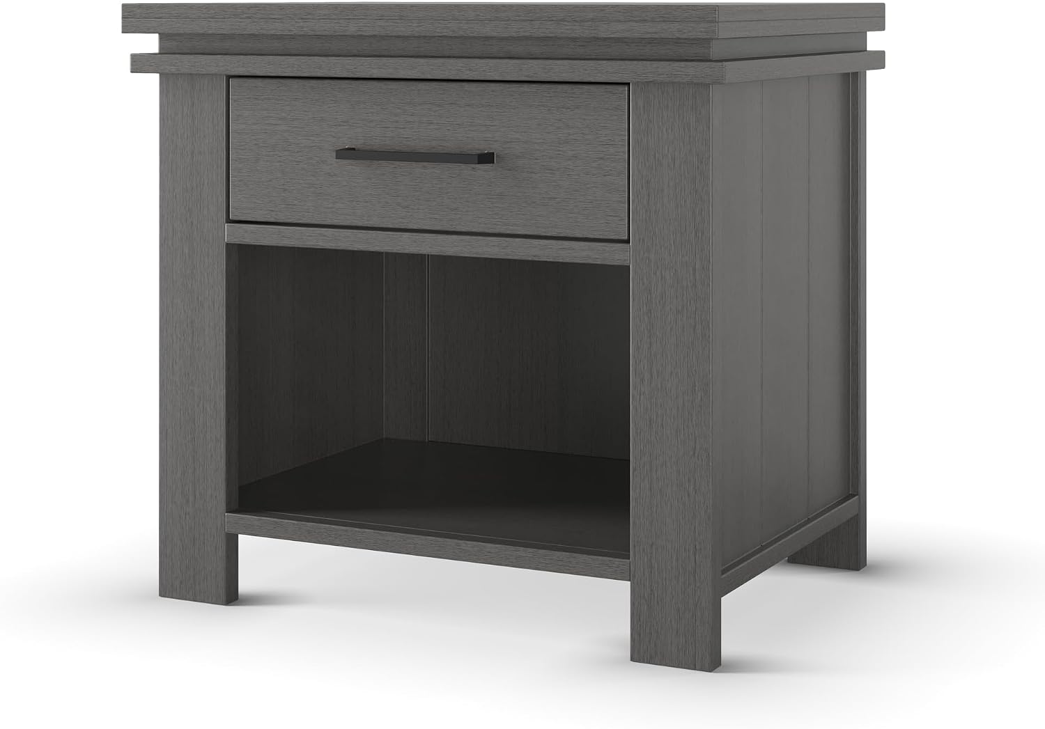 Child Craft Denman Nightstand, 25" W Craftsman Style Nursery Nightstand with Drawer and Open Shelf, Metal Handle, Midnight Gray