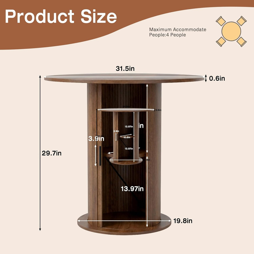 SoarFlash 31.5 Inch Round Dining Table for 2-3, Circle Farmhouse Kitchen Table with Storage Space, Wood Strip Base for Dining Room, Living Room, Lunch (Brown)