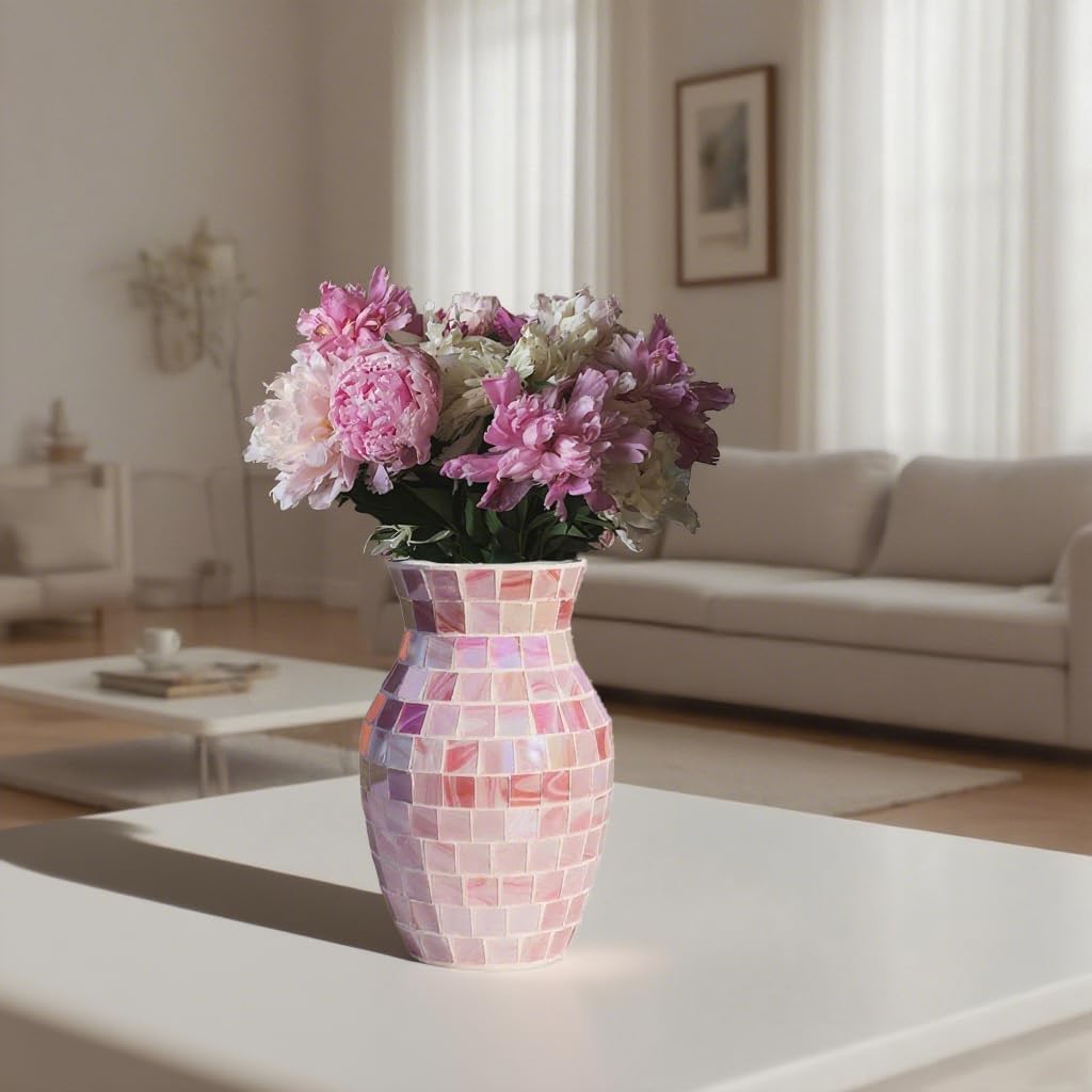 Pink Glass Vases for Flowers, Mosaic Vases Home Decor Glitter Handmade Modern Decorative Flower Holder for Home Table Decor Vase for Centerpieces Perfect for Office Living Room Banquet Wedding Gift