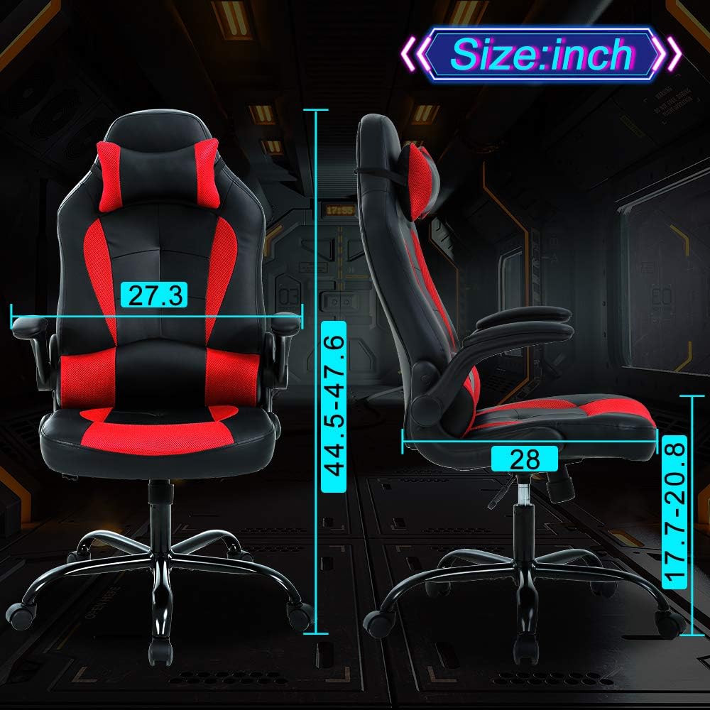 Gaming Chair Ergonomic Home Office Video Game Chairs Massage PU Leather Computer Chair Adjustable Swivel Chairs with Lumbar Support Headrest, Red