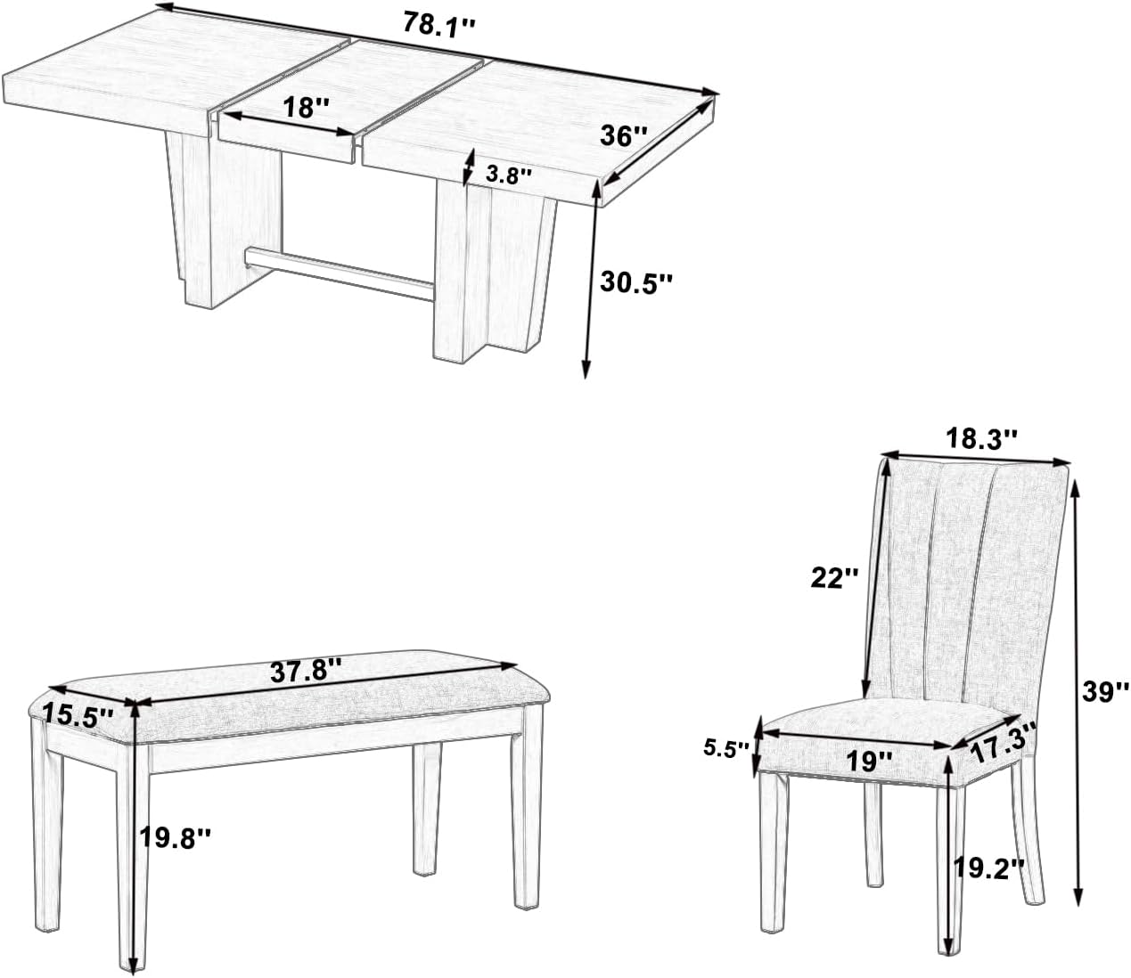 LUMISOL Farmhouse Dining Table Set for 6, Extendable Kitchen Table Set with Bench and 4 Upholstered Chairs, 3.8inch Thick Tabletop and Trestle Legs for Kitchen, Dining Room, Natural+Beige