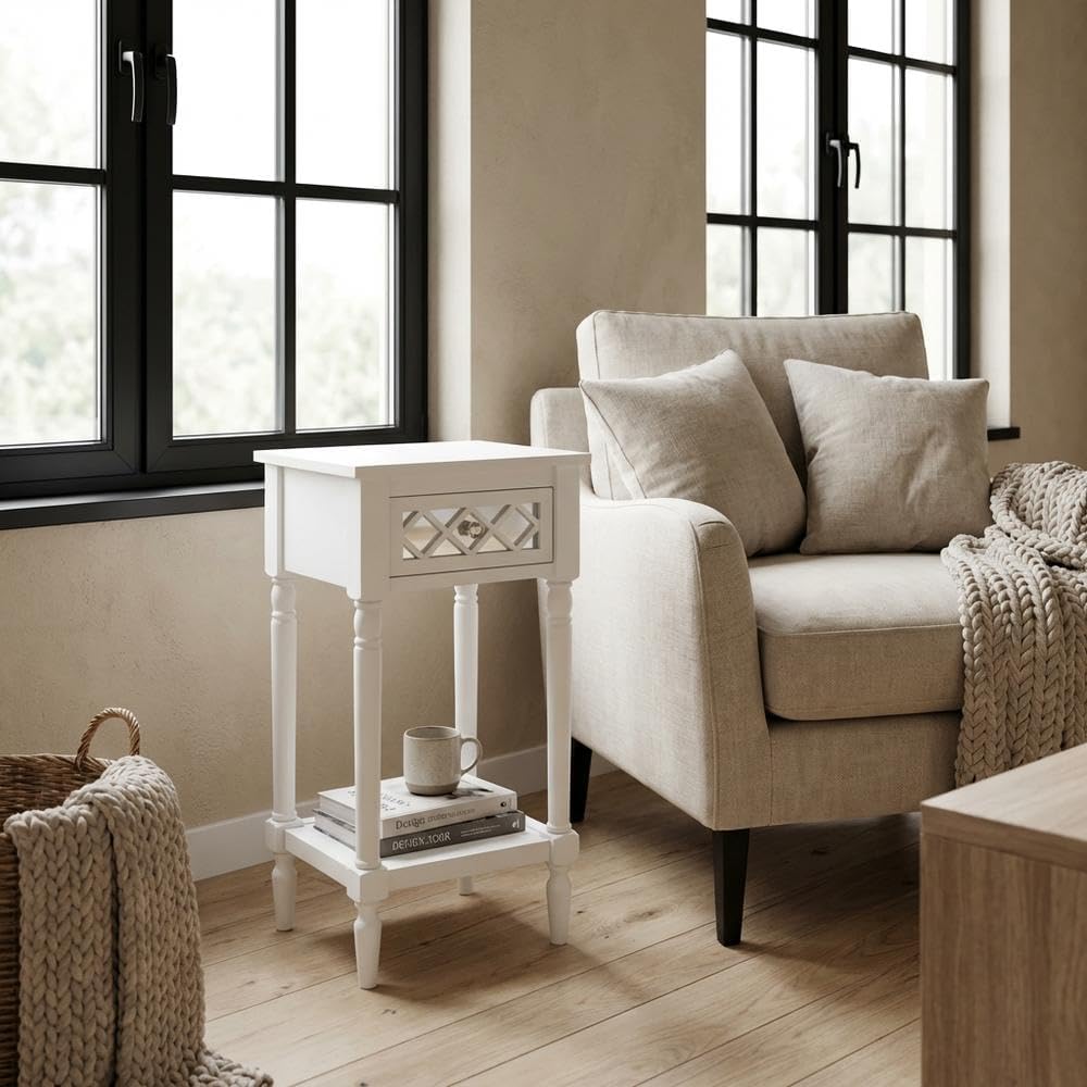 White 1 Drawer Accent Table with Shelf, Traditional Transitional Style, Durable Wood Construction, Elegant Home or Office Decor