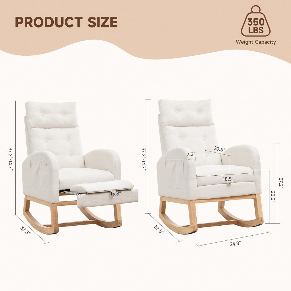 MINCETA Nursery Rocking Chair with Retractable Footrest, Chenille Glider Recliner Chair with High Backrest, Side Pocket and Silent Wood Base for Nursery, Living Room and Bedroom, Cream White
