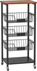 Hastatii Kitchen Storage Cart, Kitchen Basket, 5-Tier Utility Organizer with Baskets and Wood Top, Rolling Snack Cart with Wheels, Metal Black
