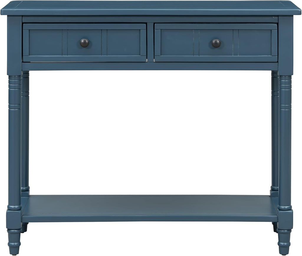 P PURLOVE Console Table Sideboard Wooden Sofa Table with 2 Drawers and Bottom Shelf (Dark Navy)
