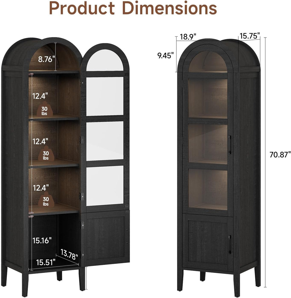 71" Narrow Arched Display Cabinet with Glass Doors, 5-Tier Curio Cabinet with LED Lights for Collectibles, Tall Bookcase Kitchen Pantry Storage Cabinet for Corner, Small Space, Living Room, Black