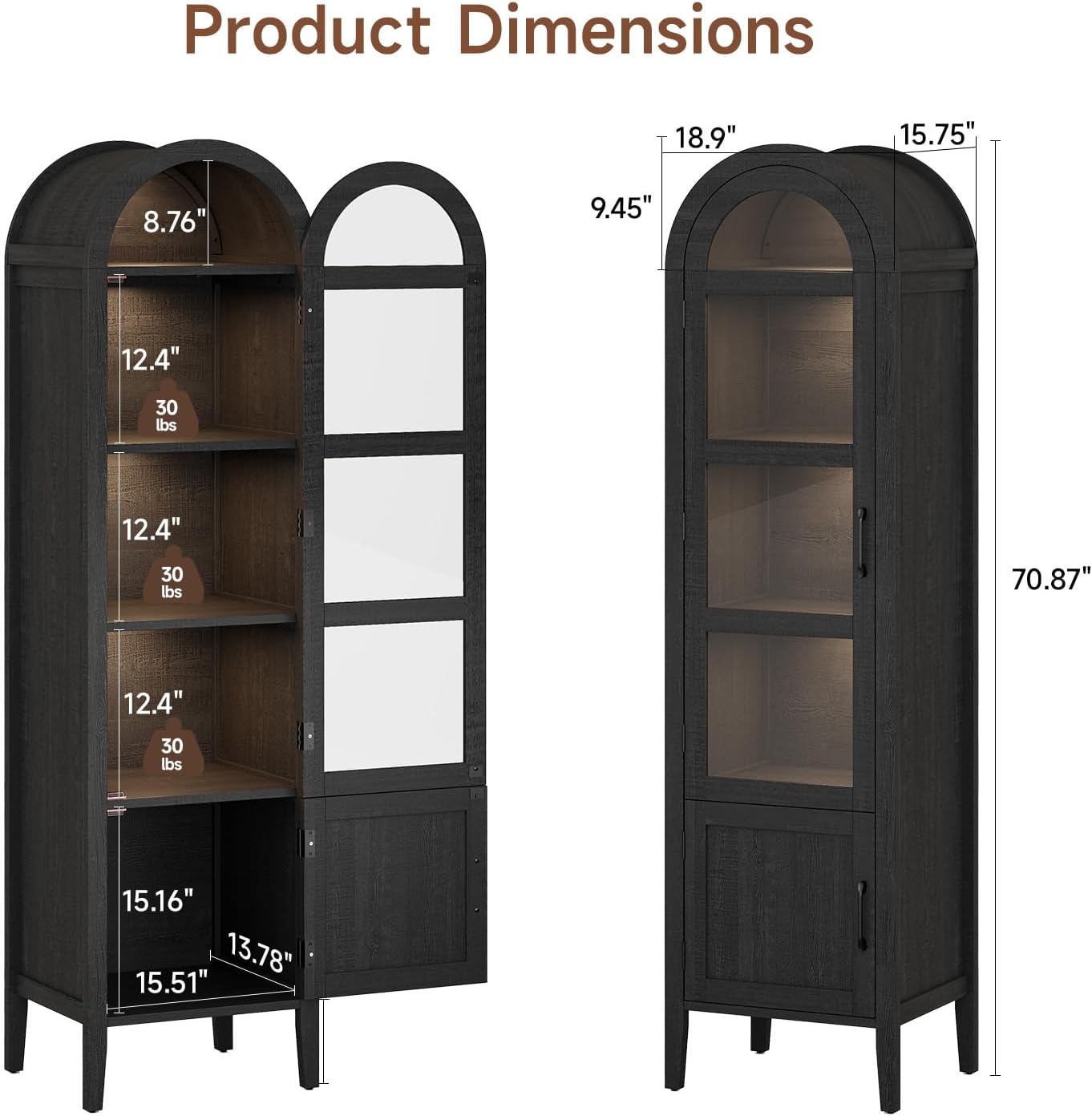 71" Narrow Arched Display Cabinet with Glass Doors, 5-Tier Curio Cabinet with LED Lights for Collectibles, Tall Bookcase Kitchen Pantry Storage Cabinet for Corner, Small Space, Living Room, Black