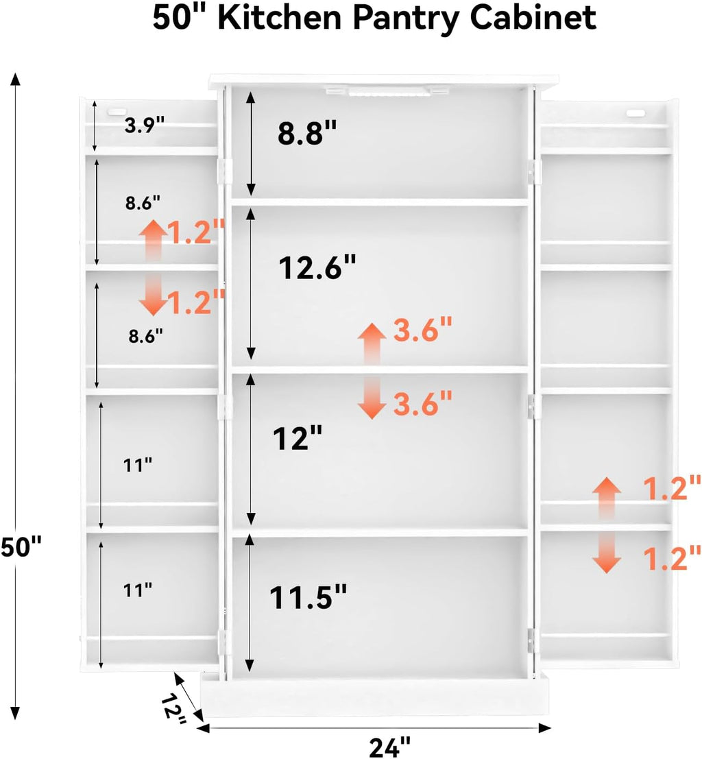 FJTJBSI 50" LED Kitchen Pantry Cabinet with 3 Adjustable Shelves and 2 Doors Wood Pantry Storage Cabinet with Handle for Kitchen Living Room and Dinning Room White
