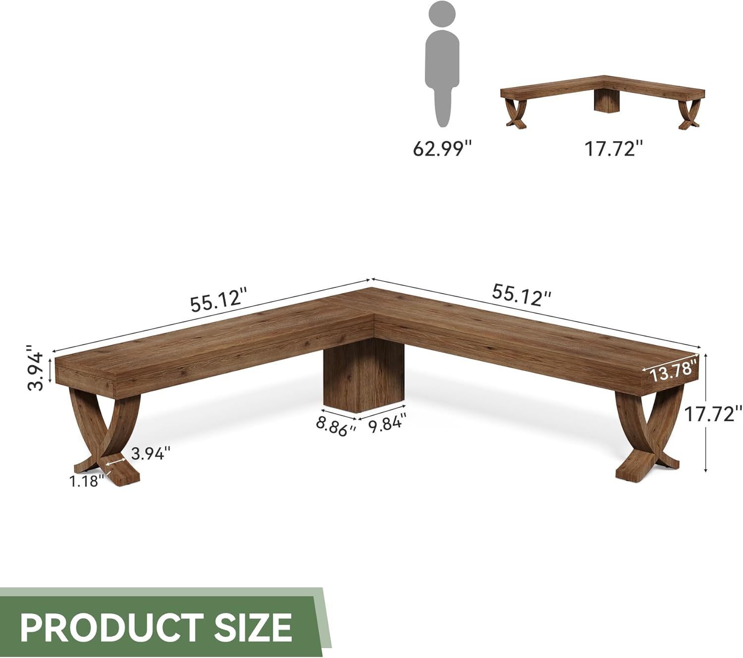 L Shaped Solid Wood Corner Bench, 55-Inch Farmhouse Table Bench with X-Shaped Leg, Backless Entryway Shoe Bench, for Dining Room, Hallway, Rustic Brown