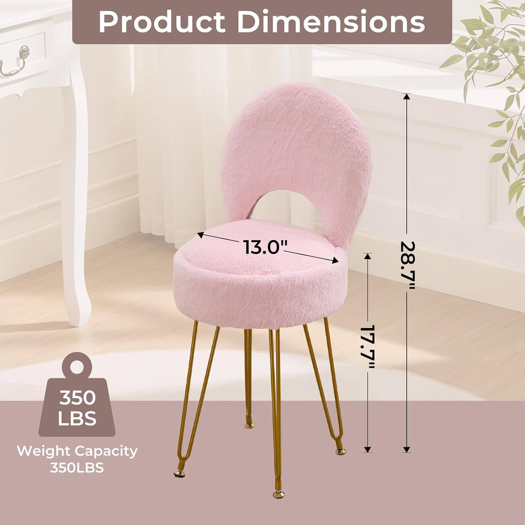 Faux Fur Pink Small Vanity Chair & Stool - 13" Dx13 W Folding Back Storage Ottoman, Anti-Slip Golden V-Leg for Bedroom Makeup Room