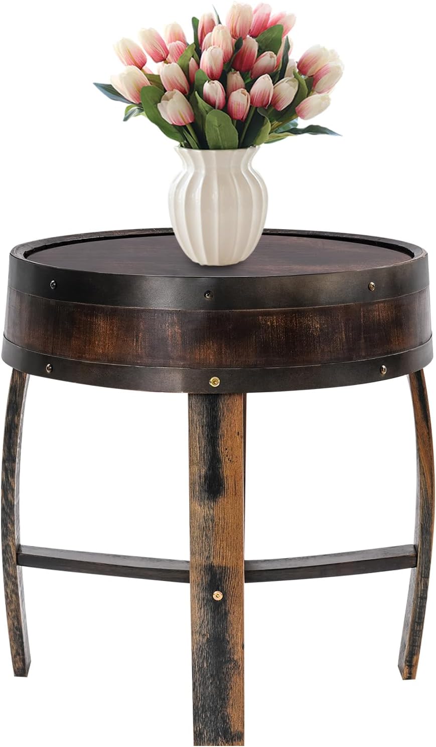 Whiskey Barrel Table 24 Inch Tall Wine Barrel End Table Rustic Round Wooden Bourbon Coffee Oak Side Table Handcrafted Whiskey Barrel Accent Table for Living Room, Bedroom, Office, Brown