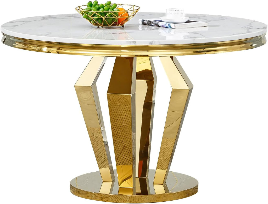 44.88" Round Dining Table Set, Luxury Diamond-Shape Dining Room Table with Faux Marble Top & 4 Beige Tufted Velvet Chairs, White&Gold Circle Kitchen Table and Chairs Set with Stainless Steel Base