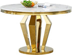 44.88" Round Dining Table Set, Luxury Diamond-Shape Dining Room Table with Faux Marble Top & 4 Beige Tufted Velvet Chairs, White&Gold Circle Kitchen Table and Chairs Set with Stainless Steel Base