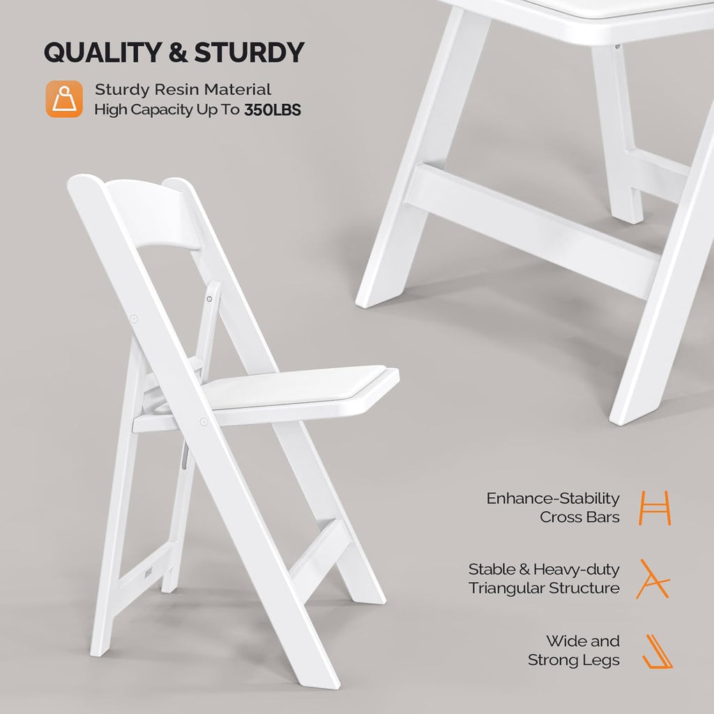 VINGLI Resin Folding Chairs with Cushion, Foldable Plastic Chair with Comfortable Padded Seats, Perfect for Event Party Indoor Outdoor, White, 8 PC