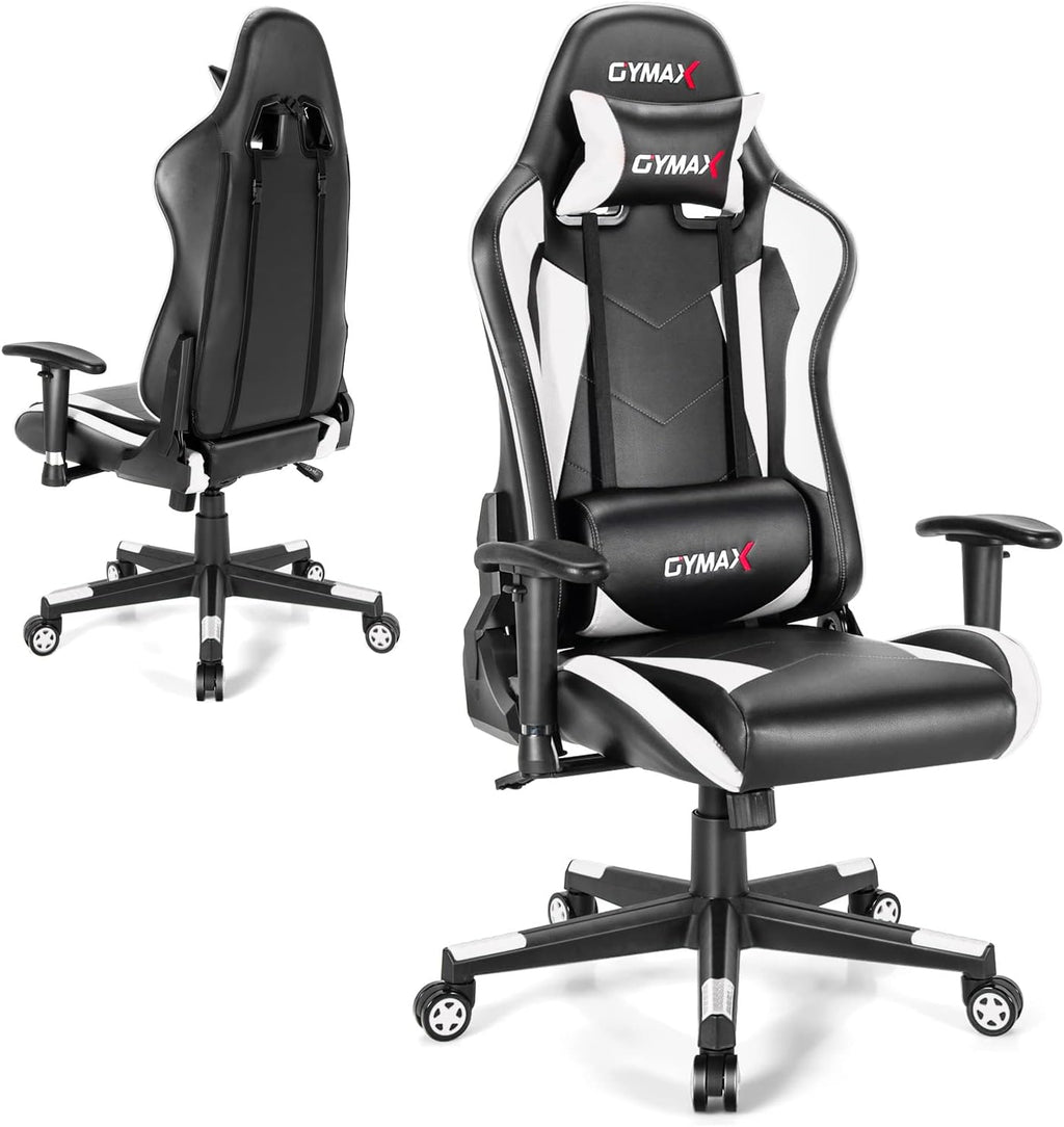 GYMAX Computer Gaming Chair, Racing Style Office Chair with Adjustable Lumbar Support Headrest, 360° Swivel, Height Adjustable Ergonomic Reclining Gaming Chair for Home Office Leisure Room (White)
