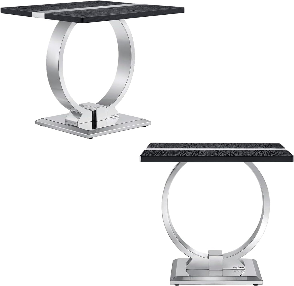 Asday End Table Set of 2, Luxury Side Table Set, Black and Chrome End Table with Polished Stainless Steel Base, Accent Table for Living Room or Bedroom