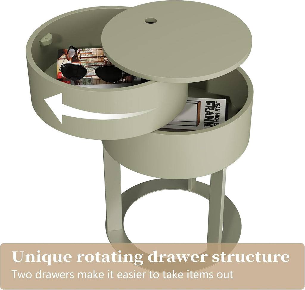 Round End Table with Storage, Rotating Nightstand, Green | Easy Legs-Only Assembly, Hidden Double-Layer Storage, Minimalist Accent Table for Bedroom and Living Room