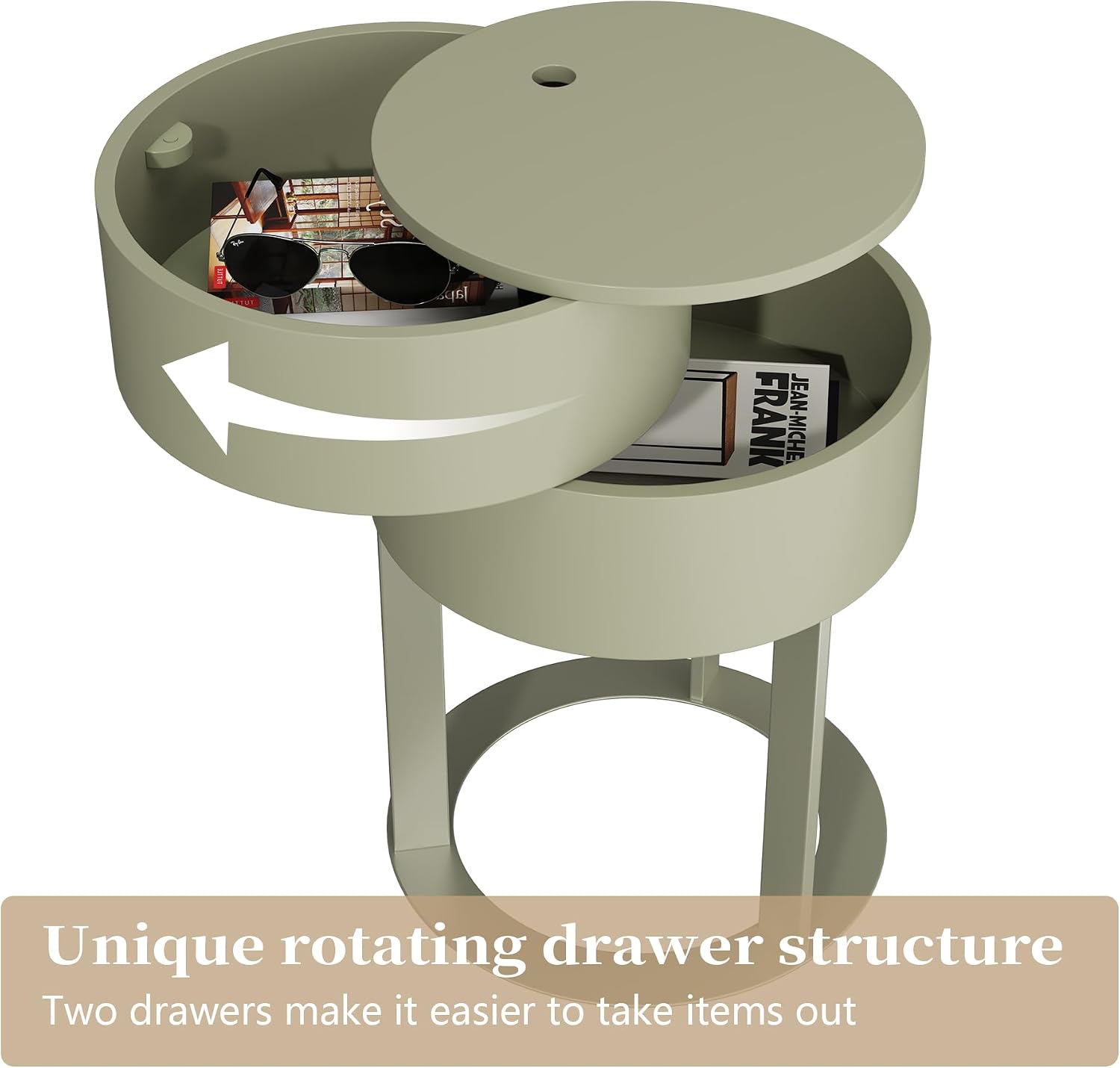 Round End Table with Storage, Rotating Nightstand, Green | Easy Legs-Only Assembly, Hidden Double-Layer Storage, Minimalist Accent Table for Bedroom and Living Room