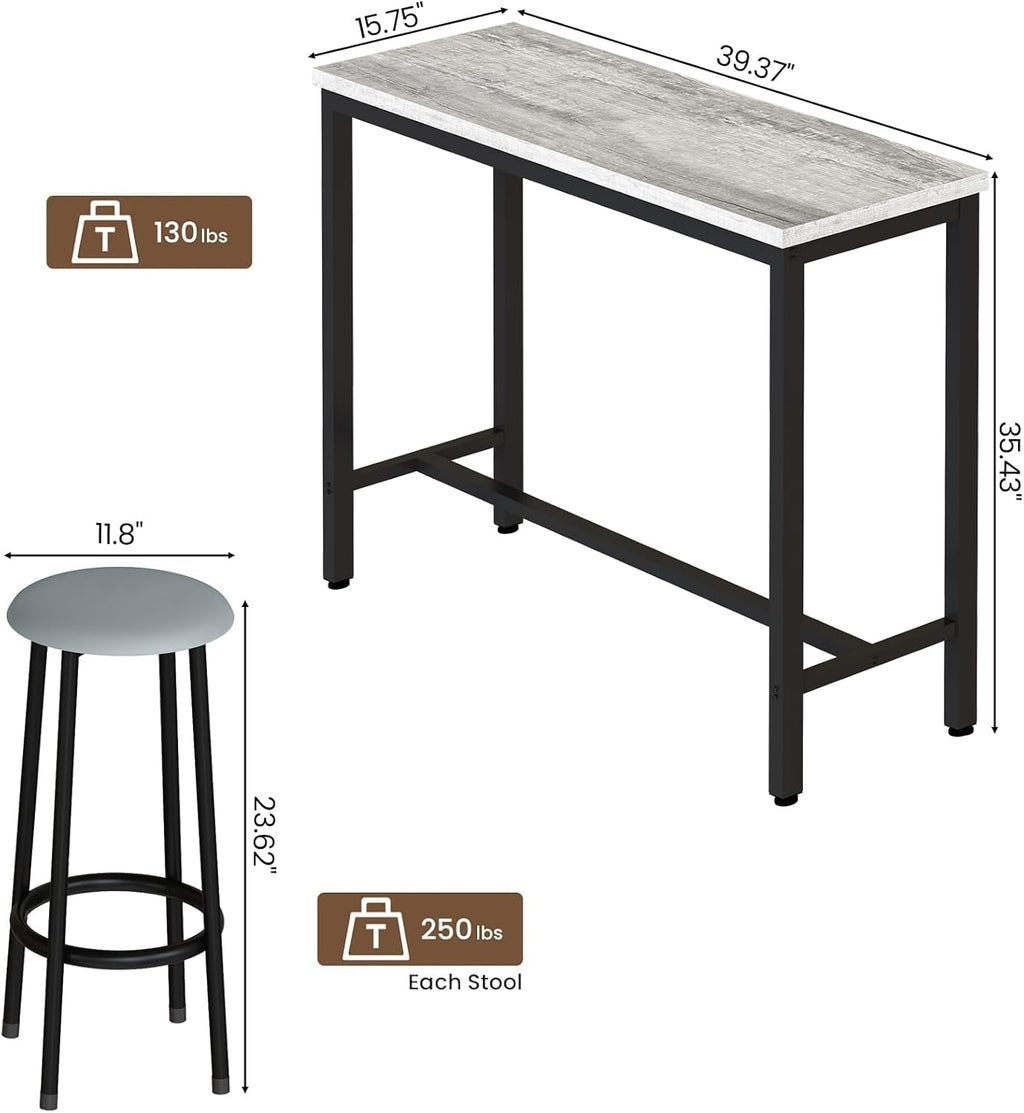 AWQM 39.3" Bar Table Set of 2,Faux Marble Pub Height Table and Chairs Set of 2 with Upholstered Stools,3 Piece Bar Table and Chairs Set Dining Table Set for Living Room,Kitchen,Bar,Grey