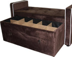 Velvet Storage Bench with Drawer, Brown Tufted Upholstered Ottoman | Divided Compartments, Pull-Out Drawer, White Piping Trim, Armrest Design, Bedroom Seating