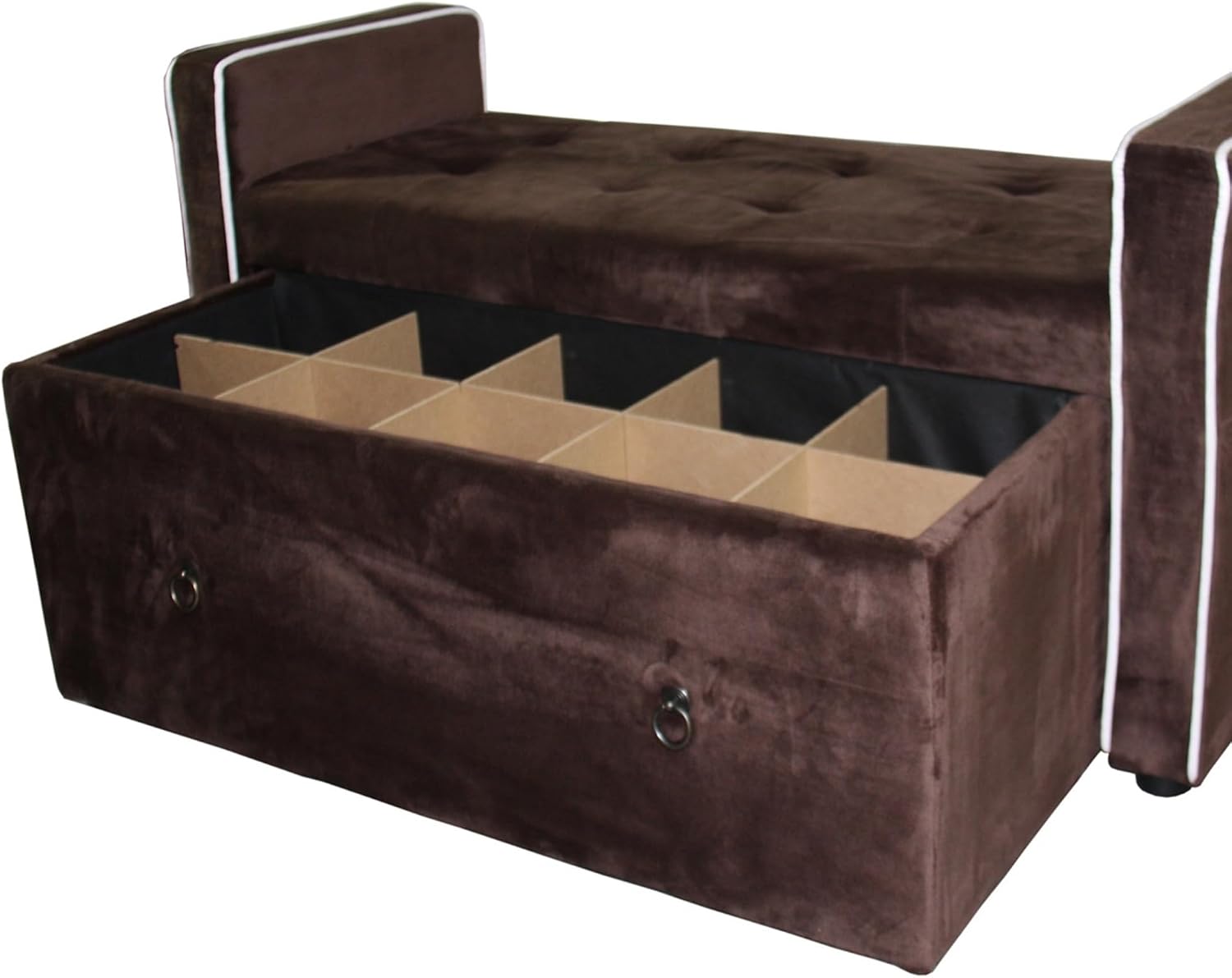 Velvet Storage Bench with Drawer, Brown Tufted Upholstered Ottoman | Divided Compartments, Pull-Out Drawer, White Piping Trim, Armrest Design, Bedroom Seating