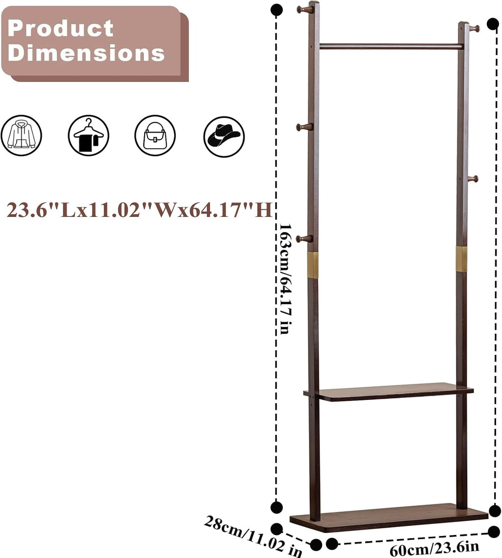 SOBIBO Clothes Rack Solid Wood Coat Rack with Shelves and Hooks – Garment Clothing Rack Coat Rack with Storage for Hallway, Bedroom, Living Room, 23.6 inch, Walnut