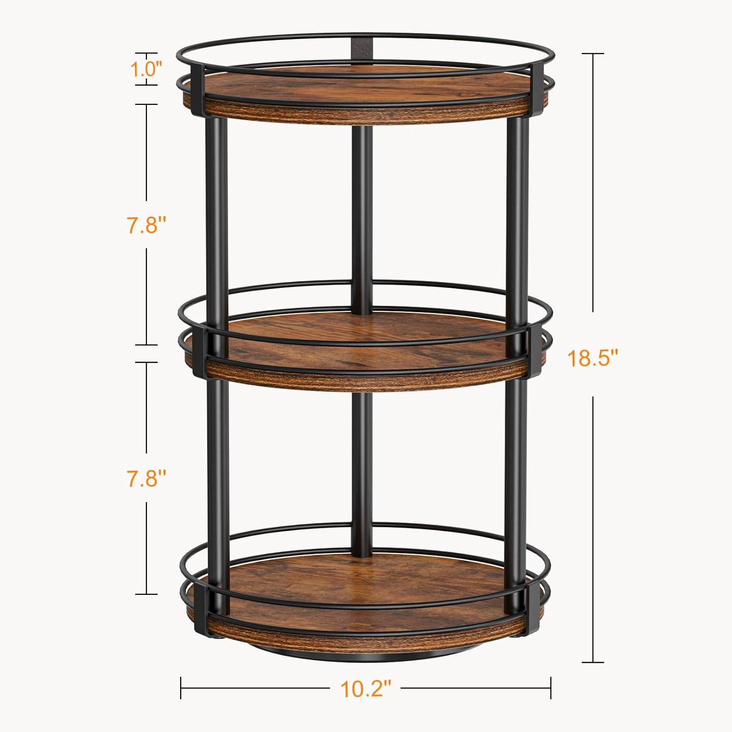 Snughome Lazy Susan Organizer, 3 Tier Rotating Spice Rack, Turntable Lazy Susan Kitchen Countertop Organizer, 10.2" x 10.2" x 18.5", Rustic Brown