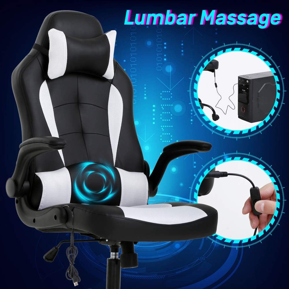 Ergonomic Gaming Office Chair - High Back Executive Computer Chair with Lumbar Support & Flip-Up Arms, PU Leather Adjustable Swivel Chair for Women/Men, Height Adjustable Massage Desk Chair (White)